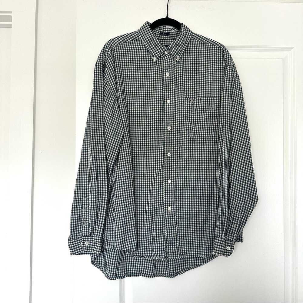 Dockers (L) Soft Cotton Check Print Button Down Long Sleeve- Cream Green Blue